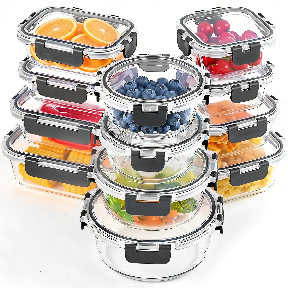 Set of 12 Durable Glass Containers with Lids for Food Storage, Ideal for Meal Prep And Pantry Organization. These Leak-Proof, Airtight Bento Boxes Are Suitable for Use in Microwaves, Ovens, Freezers, And Dishwashers