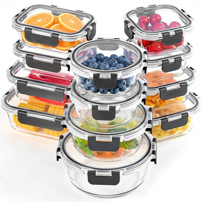 Set of 12 Durable Glass Containers with Lids for Food Storage, Ideal for Meal Prep And Pantry Organization. These Leak-Proof, Airtight Bento Boxes Are Suitable for Use in Microwaves, Ovens, Freezers, And Dishwashers
