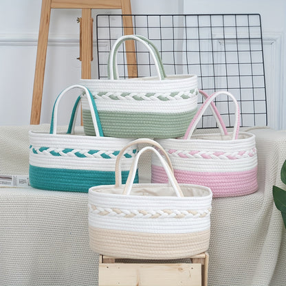 A Large Capacity Foldable Storage Bag Made of Bohemian Rope, Featuring a Woven Handle And a Removable Lining. It Comes in a Striped Design of Cyan, White, Pink, And Beige, Shelf Baskets