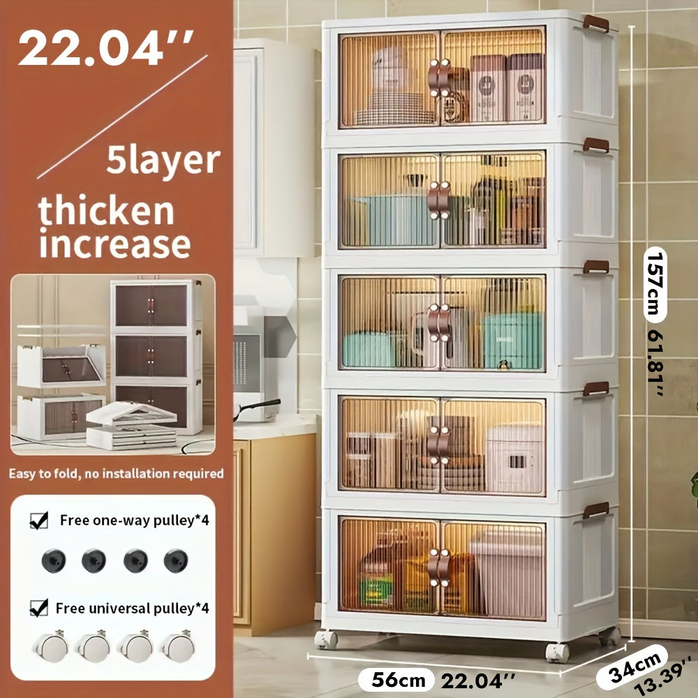 1pc Plastic Storage Box with Wheels and Door, Foldable, Hand Wash Only, Big Capacity Container for Bedroom/Kitchen/Living Room, 49/56cm Width