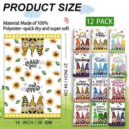 12pcs Seasonal Kitchen Towels Set for All Holidays Three Gnomes Dish Towels Winter Christmas Hand Towels Drying Tea Towels Cute Absorbent Dishcloths Decorative Wash Cloths