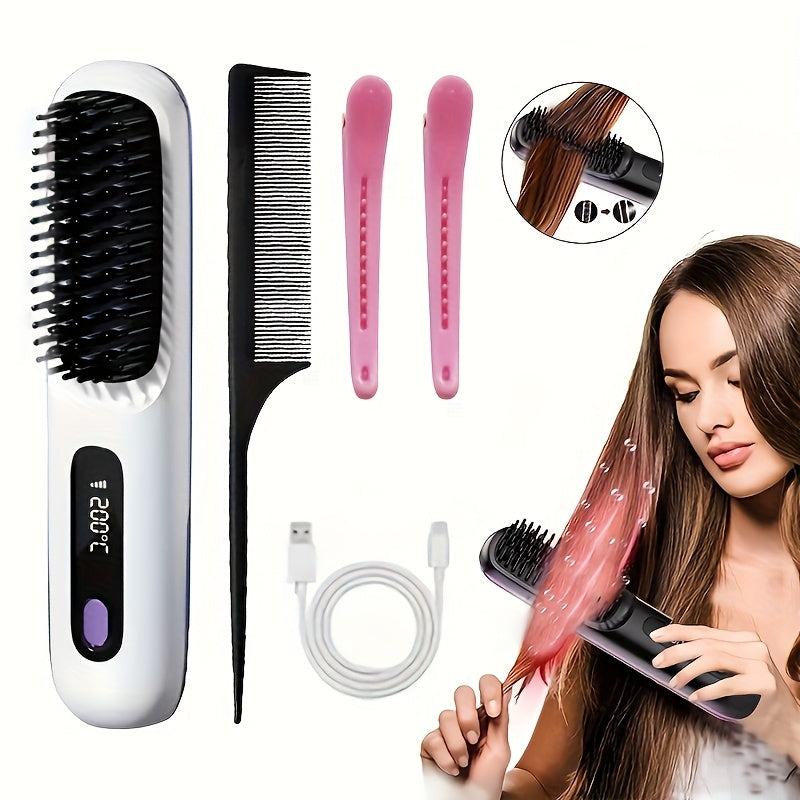 [USB Charging, Travel] Portable Wireless Hair Straightener Comb | USB Charging, 3-Speed Temperature Control, Negative Ion Technology, Long-Lasting Luster, LED Display, Lightweight, Perfect For Travel, Includes Comb And Clip