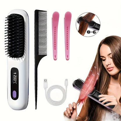 [USB Charging, Travel] Portable Wireless Hair Straightener Comb | USB Charging, 3-Speed Temperature Control, Negative Ion Technology, Long-Lasting Luster, LED Display, Lightweight, Perfect For Travel, Includes Comb And Clip