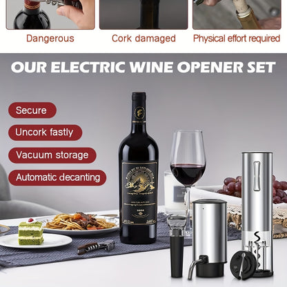 7-in-1 Electric Wine Opener Gift Set, Stainless Steel Automatic Corkscrew With Automatic Aerator Pourer, 2 Vacuum Stoppers, Foil Cutter, Storage Base Rechargeable Corkscrew Kit For Wine Lovers