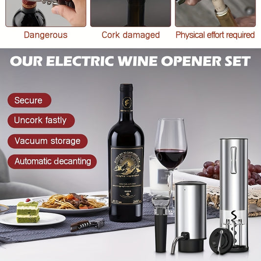 Electric Wine Opener Gift Set 7-in-1 Rechargeable Automatic Corkscrew Stainless Steel with Aerator Pourer Vacuum Stoppers Foil Cutter Storage Base