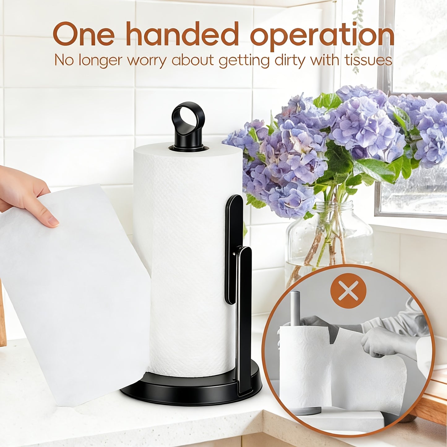 Heavy-Duty Stainless Steel Paper Towel Holder with Tension Arm-Easy One-Handed Tear, Modern Standing Countertop Dispenser for Kitchen, Holds All Paper Towel Rolls