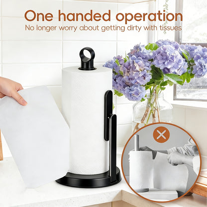 Heavy-Duty Stainless Steel Paper Towel Holder with Tension Arm-Easy One-Handed Tear, Modern Standing Countertop Dispenser for Kitchen, Holds All Paper Towel Rolls