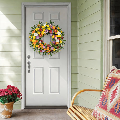 Spring Wreaths for Front Door 20 Inch Artificial Summer Wreath Daisy And Lavender Wreath with Wildflowers for Home Wall Farmhouse Springtime Easter Holiday Party