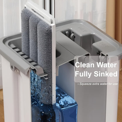 Home Mop and Bucket Set with Wringer – Flat Mop System for Efficient Floor and Wall Cleaning, Includes 2 Reusable Microfiber Pads, Ideal for Bedroom, Bathroom, Kitchen, Living Room, Household Cleaning Tools|Sleek Mop Design|Metal Handle Mop, Mops for Floo