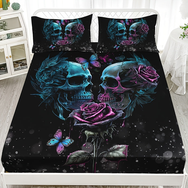 3pcs Halloween Series Gothic Romantic Skull Rose Fitted Sheet Set - 1 Fitted Sheet + 2 Pillowcases (Pillow Inserts Not Included), 15" Deep Pocket, Machine Washable, Hypoallergenic, High Quality, HD Print for Home, Bedroom, Dorm, Suitable for All