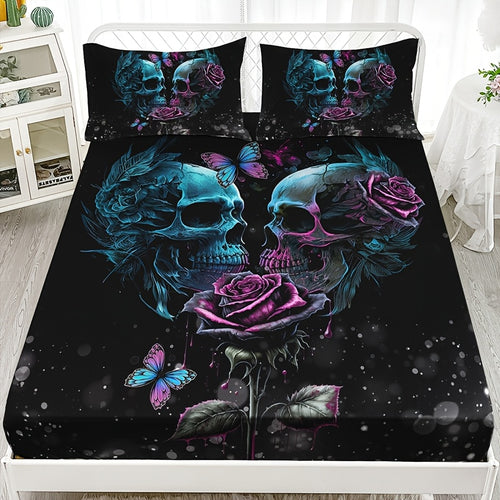 3pcs Halloween Series Gothic Romantic Skull Rose Fitted Sheet Set - 1 Fitted Sheet + 2 Pillowcases (Pillow Inserts Not Included), 15" Deep Pocket, Machine Washable, Hypoallergenic, High Quality, HD Print for Home, Bedroom, Dorm, Suitable for All