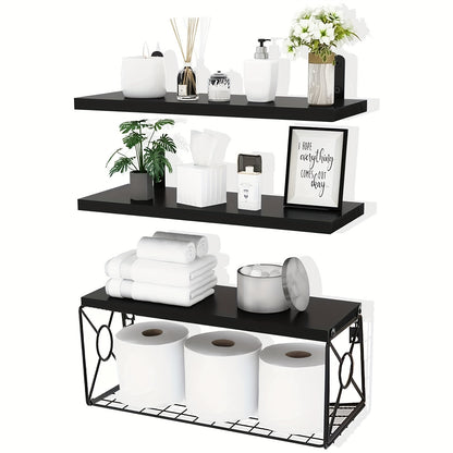 3pcs Wall Mounted Floating Shelves Over Toilet | Small Farmhouse Decor Shelf for Toilet Paper Storage, Unfinished Wood End, Black and Brown