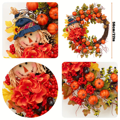 Fall Wreath for Front Door Autumn Thanksgiving Pumpkin Leaves Floral Doll Wreath Indoor Outdoor Wall Window Holiday Home Decor Christmas