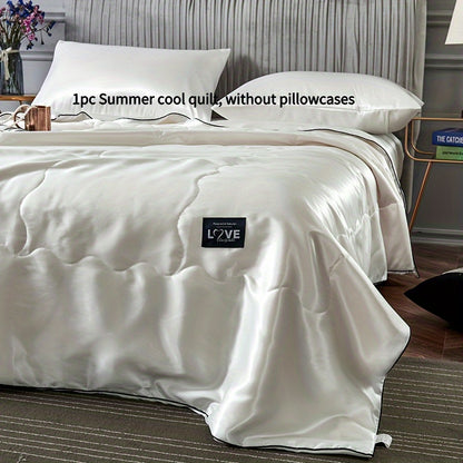 1pc Ultra-Soft Cooling Satin Quilt - Light Gray, Breathable & Smooth Summer Bedding for Home, Dorm, or Hotel Use, Machine Washable, Pillowcase Not Included, Contemporary Style, Dorm Room Essentials | Modern Bedroom Decor | Satin Weave Quilt