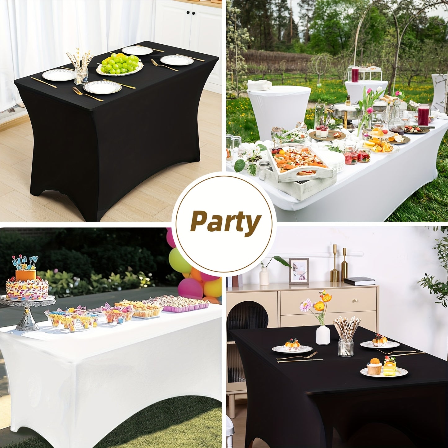 TOMNK 2pcs/ 3pcs Spandex Stretch Tablecloths Rectangular 4ft 6ft 8ft Fitted Table Covers Black White Wrinkle Resistant Table Cloths for Wedding Banquet Trade Shows Bridal Shower Graduation Party Mother's Day Decoration