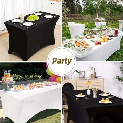 TOMNK 2pcs/ 3pcs Spandex Stretch Tablecloths Rectangular 4ft 6ft 8ft Fitted Table Covers Black White Wrinkle Resistant Table Cloths for Wedding Banquet Trade Shows Bridal Shower Graduation Party Mother's Day Decoration