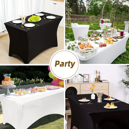TOMNK 2pcs/ 3pcs Spandex Stretch Tablecloths Rectangular 4ft 6ft 8ft Fitted Table Covers Black White Wrinkle Resistant Table Cloths for Wedding Banquet Trade Shows Bridal Shower Graduation Party Mother's Day Decoration