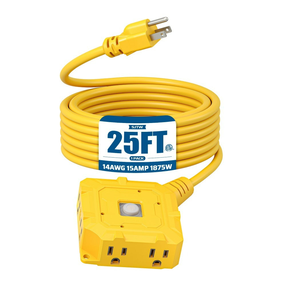 For Workshop Equipment/Christmas Lights - 25ft Heavy Duty 6-Outlet SJTW 14AWG Power Cord with Protective Cover & Switch
