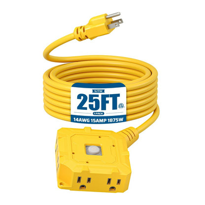 For Workshop Equipment/Christmas Lights - 25ft Heavy Duty 6-Outlet SJTW 14AWG Power Cord with Protective Cover & Switch