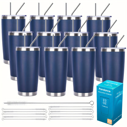 8/12/24pcs 20Oz 304 Stainless Steel Insulated Tumblers with Lid And Straw Bulk, Double Wall Vacuum Water Cups for Hot & Iced Coffee Drinks Travel Mug