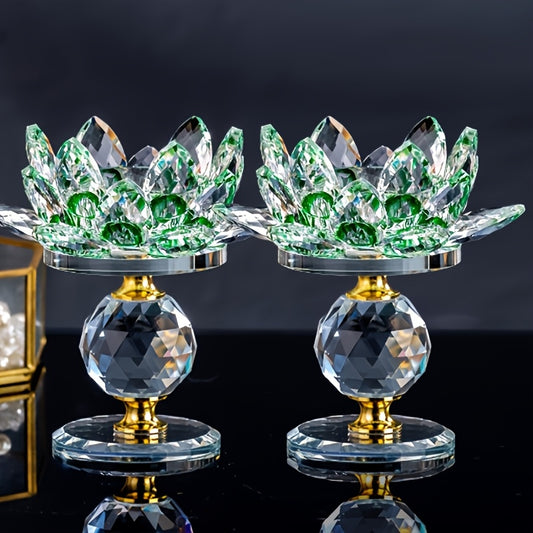 Crystal Lotus Candle Holder 2pcs, Polished Decorative Lotus Candleholder for Tea Light & Pillar Candles, Elegant Home Decor Centerpiece for Christmas, Thanksgiving, Halloween, Easter & Hanukkah – Green, Purple, Blue, Pink