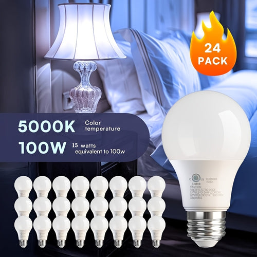 24/12/4 Pack 100W Equivalent A19 LED Light Bulbs, 1500LM Super Lighting, 15W Equivalent 100W LED Bulbs, 5000K Daylight, E26 Base, Non-Dimmable, No Flicker, White