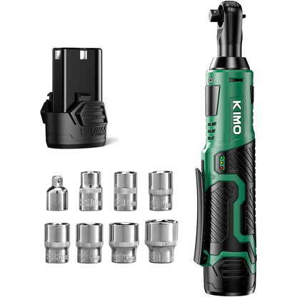 KIMO Electric Ratchet Wrench, Cordless Ratchet Wrench Set, 3/8 Inch 12V Power Tool, 40ft Lbs Torque, 400 RPM, Fast Charger, 2.0Ah Lithium Ion Battery, 8 Sockets Included, Variable Speed Trigger, Fathers Day Gift for Men, DIY, Automotive, Mechanics