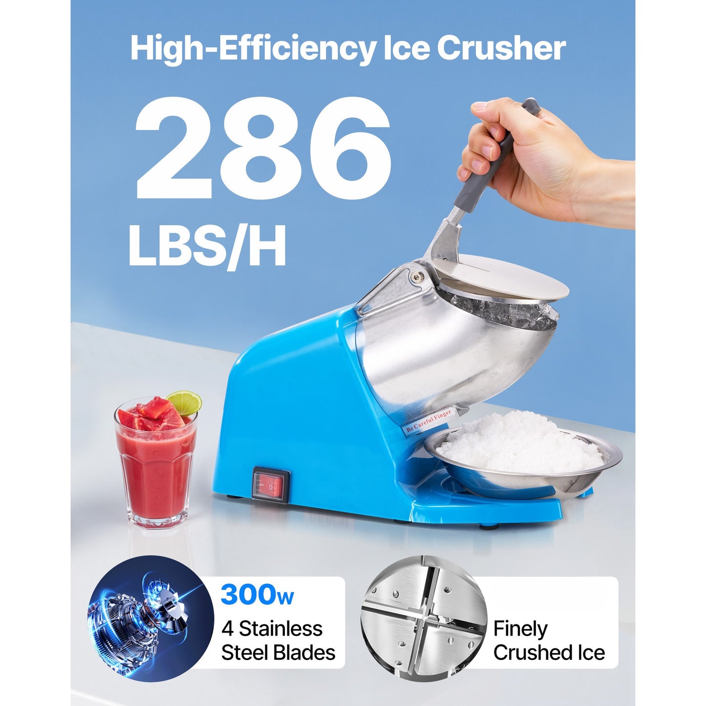 VEVOR Commercial Ice Crusher 286LBS/H Electric Snow Cone Maker Shaved Ice Blue/sliver
