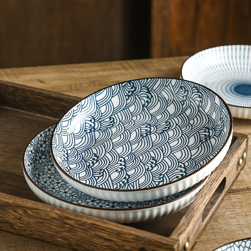 4pcs Round Ceramic Plates Suitable for Serving Pasta, Salad, Bread & Desserts - Blue and White Shallow Plates for Holiday Dining Table Settings, Bread & Snack Serving, Easy to Clean, for Christmas, Easter, Thanksgiving Gatherings