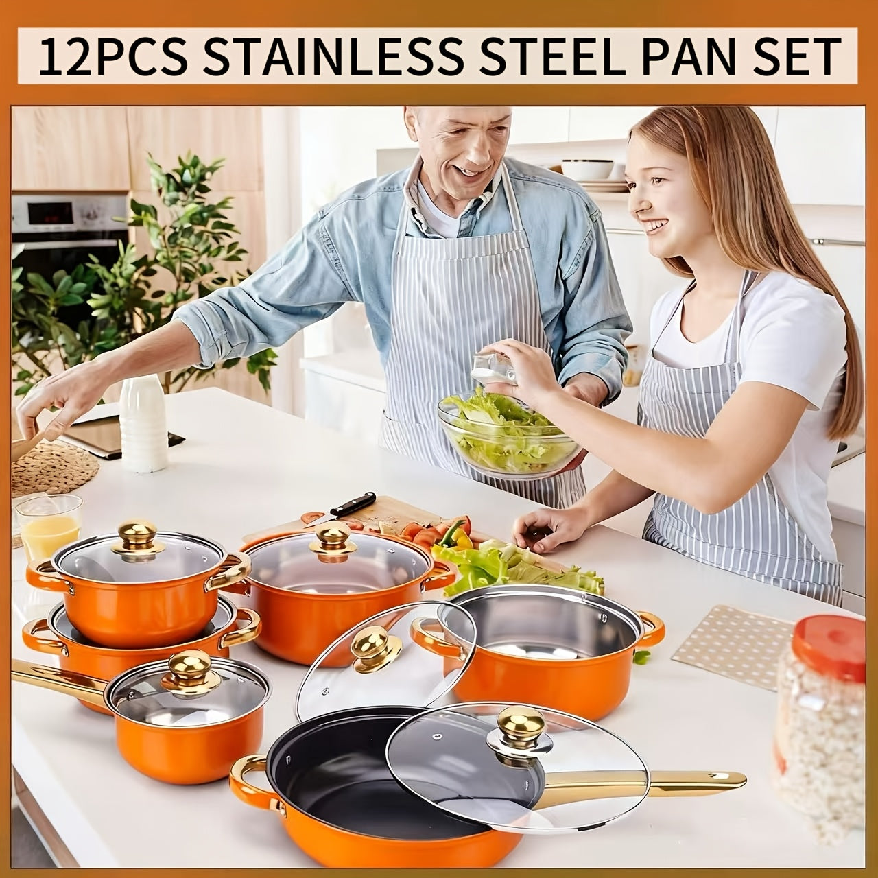 10/12pcs Stainless Steel Cookware Set - Non-Stick Frying Pan, Stockpot And Milk Pot with Lid - Multi-Functional Kitchen Essentials, No Charging, No Batteries, Orange