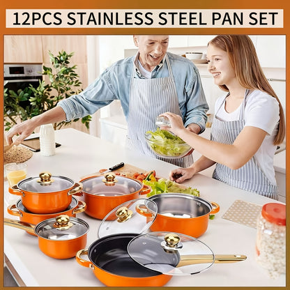 10/12pcs Stainless Steel Cookware Set - Non-Stick Frying Pan, Stockpot And Milk Pot with Lid - Multi-Functional Kitchen Essentials, No Charging, No Batteries, Orange
