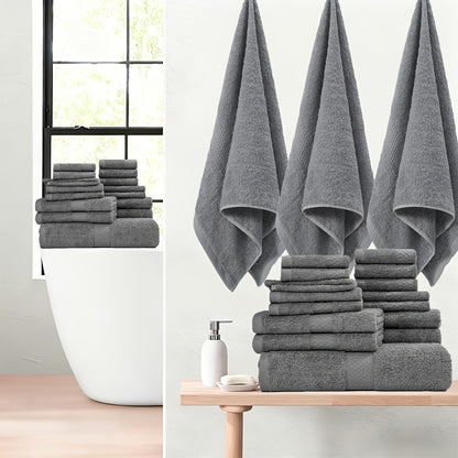 18/16/12pcs Bath Towel Set/12pcs Hand Towels Set, 450GSM, Solid Color Cotton Blended Towels, New Fall Spring Collection, Absorbent, Soft And Comfortable, Bathroom Supplies, Towels for Travel, Shower And Hotel