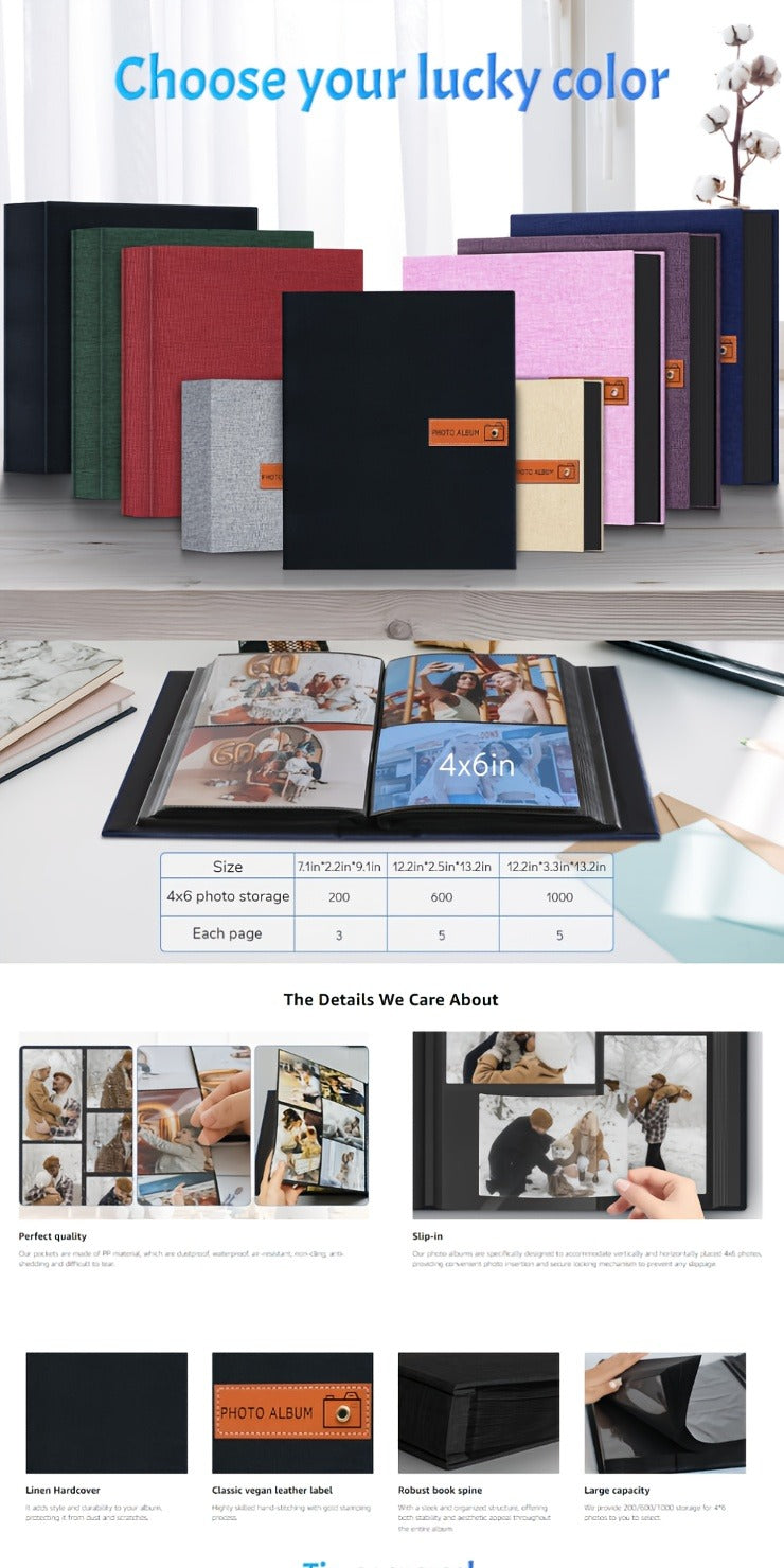 Photo Album 4x6 200 & 1000 Pockets with Label – Linen Hardcover Memory Book for Wedding, Baby, Travel, Anniversary, Birthday & Graduation Gifts