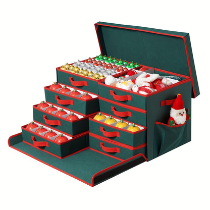 Large Capacity Christmas Ornament Storage Box, Stackable Organizer with Lid And Pockets, Side Open, 8 Trays, 128-3" Holiday Ornament Container with Removable Trays And Adjustable Dividers