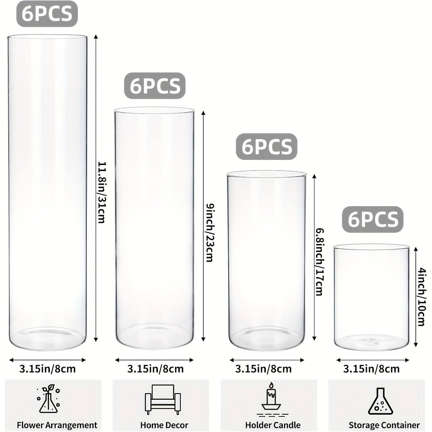 TOMNK 12/24pcs Glass Cylinder Vase 4, 6.8, 9, 12 Inch Glass Candle Holder Clear Vases for Centerpieces Tall Flower Vase for Wedding Home Decor Party 4 Different Sizes, Suitable for DIY Candle Making