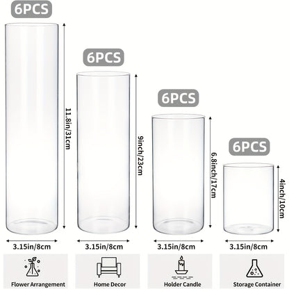 TOMNK 12/24pcs Glass Cylinder Vase 4, 6.8, 9, 12 Inch Glass Candle Holder Clear Vases for Centerpieces Tall Flower Vase for Wedding Home Decor Party 4 Different Sizes, Suitable for DIY Candle Making