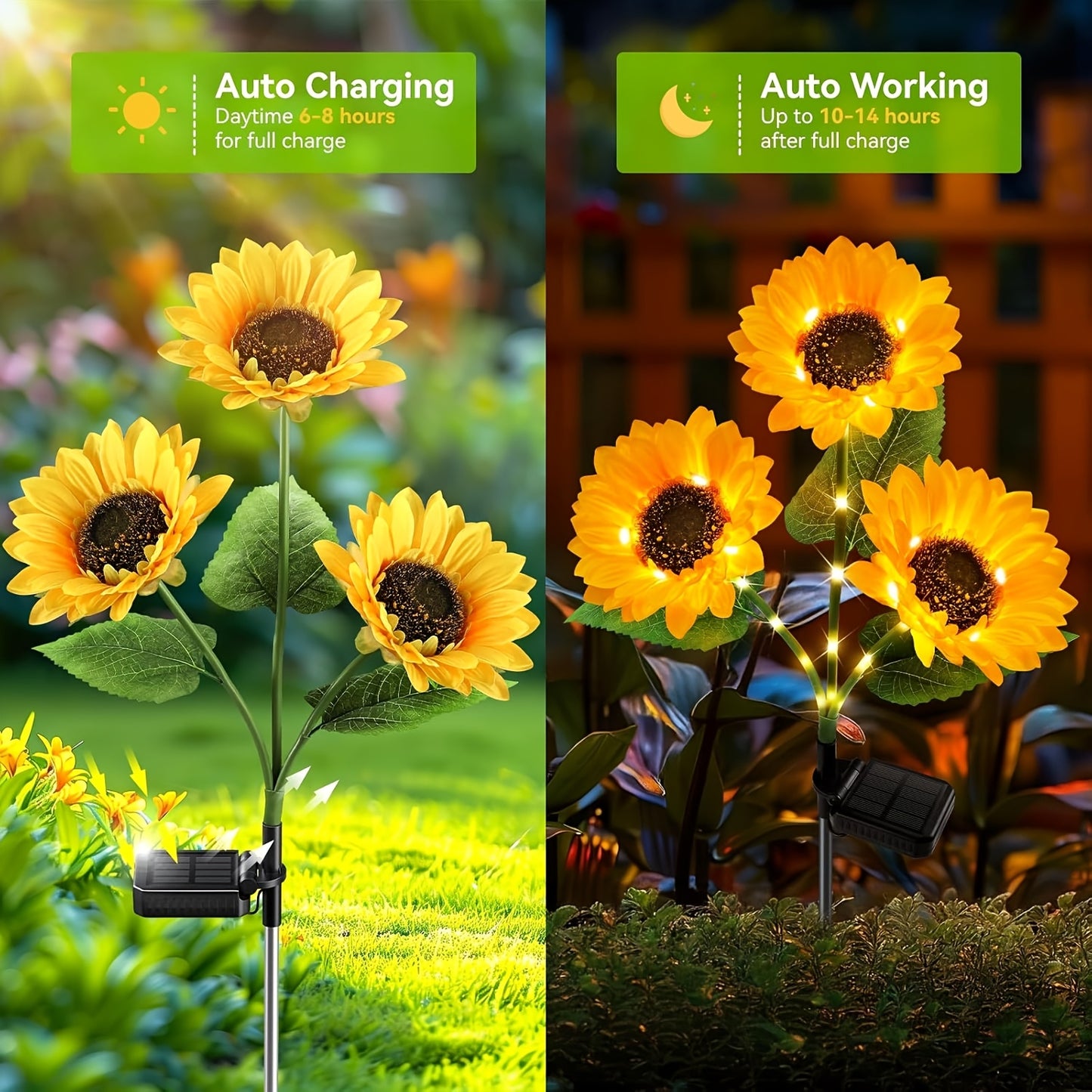 Solar Sunflower Garden Stake Lights 4 Pack | 12 Lifelike LED Flowers IP44 Waterproof Auto On Off | Floral Path Lighting for Patio Yard Porch with 8 Clip-On Butterfly Accessories