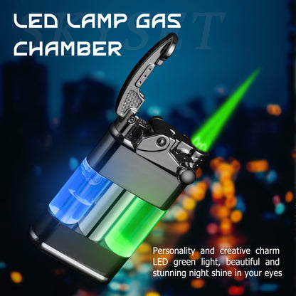 Green Flame Metal Lighter Windproof – Refillable Butane Gas Lighter with Adjustable Flame, Fuel Window & Rocker Arm Ignition, Cool Multifunctional Lighter for Outdoor Camping BBQ Cigars (No Butane)