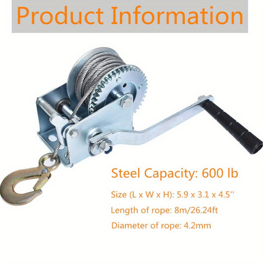 Hand Crank Winch Heavy Duty Carbon Steel 800-1600 lbs - Double Brake Manual Winch with Steel Cable for Boat, ATV, Trailer, Farm & Garage, Strap Winch with Safety Pawl & Mooring Hook