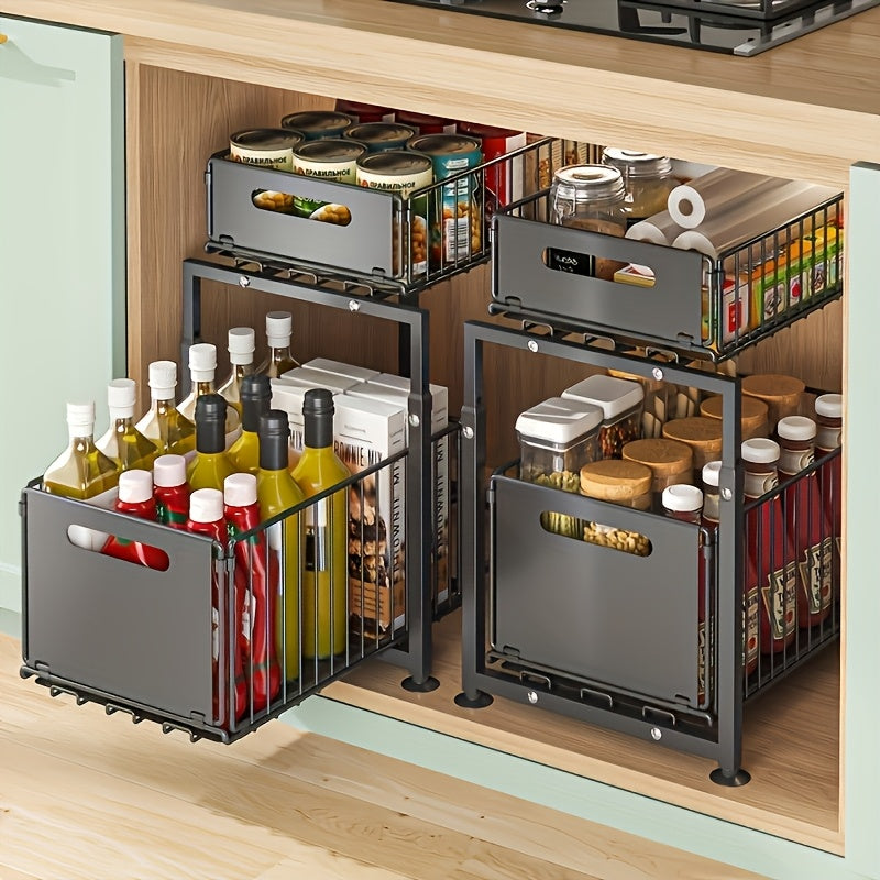 2-Tier Pull-Out Organizers, Space-Saving 2-Tier Under Sink Organizer with Adjustable Height, Sturdy Carbon Steel, Kitchen Storage Shelf, Space-Saving Cabinet Organizer, Kitchen Organizers And Storage