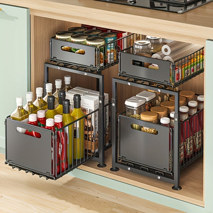 2-Tier Pull-Out Organizers, Space-Saving 2-Tier Under Sink Organizer with Adjustable Height, Sturdy Carbon Steel, Kitchen Storage Shelf, Space-Saving Cabinet Organizer, Kitchen Organizers And Storage