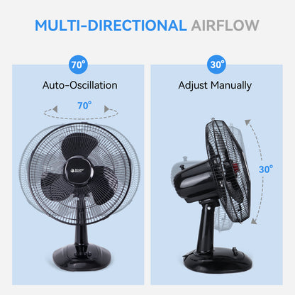 12 inch Oscillating Table Fan Quiet with 3-Speed, Adjustable Tilt Fan with Safety Grill, Ideal for Home, Office, Dorm