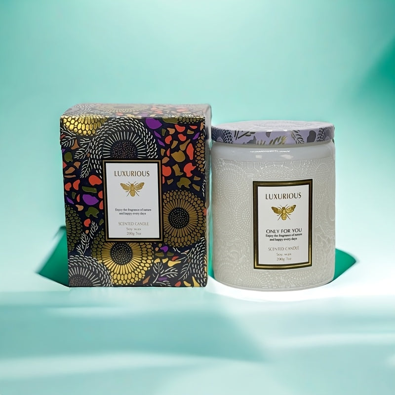 Scented Candle in Relief Glass Cup – Aromatherapy Home Fragrance with Crystal Embellishment, Single Wick, Multiple Scents – Jasmine, Tuberose, Amber, Sage & More