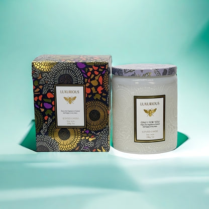 Scented Candle in Relief Glass Cup – Aromatherapy Home Fragrance with Crystal Embellishment, Single Wick, Multiple Scents – Jasmine, Tuberose, Amber, Sage & More