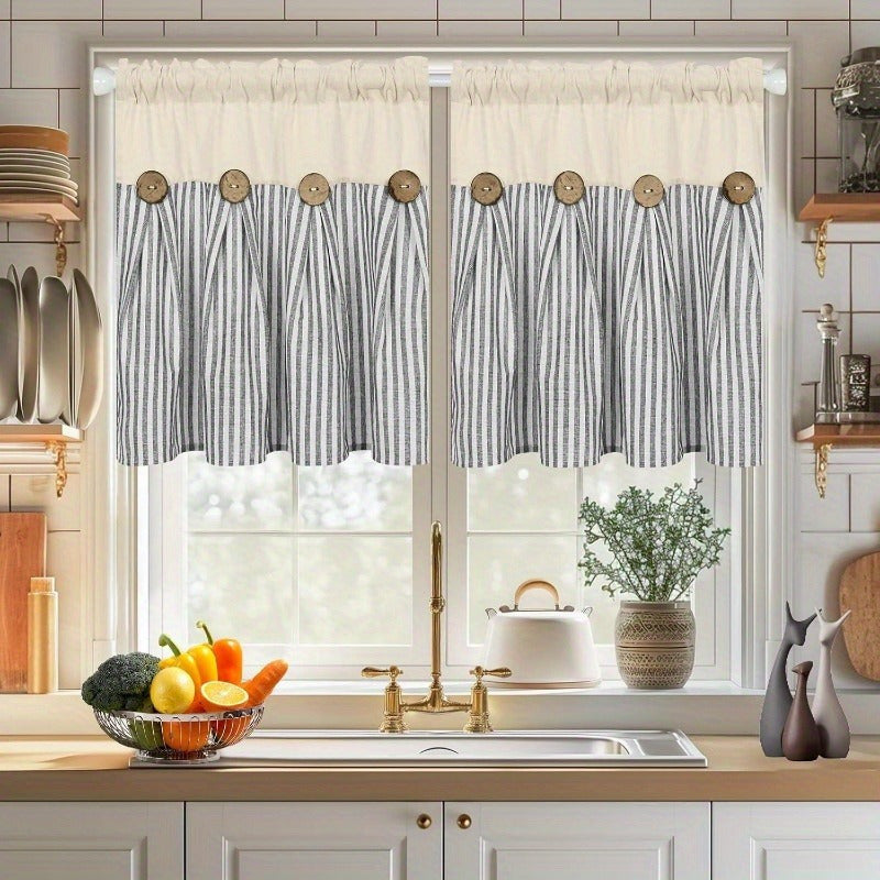 Semi Sheer Curtains Bohemian Linen Cotton Patchwork Grommet Top Window Drapes for Bedroom Living Room Kitchen Bathroom Cafe - Boho Country Cottage Style 4 Seasons 1 or 2 Panels