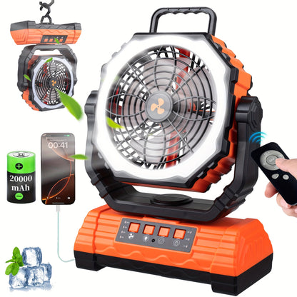Portable Camping Fan with Dual Motors LED Light & Remote Control, Solar Powered Outdoor Fan with Hook for Tent Work Site Power Outage, Camping Accessories
