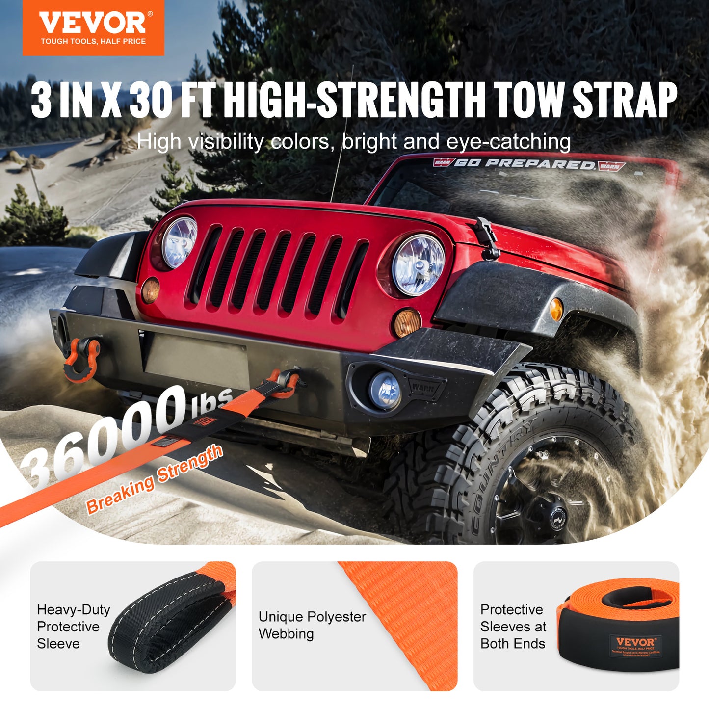 VEVOR Heavy Duty Tow Strap Recovery Kit 3" x 30 ft (MBS-36,000 lbs) Tree Saver Winch Strap, Triple Reinforced Loop & Protective Sleeves & Storage Bag, 3/4" D-Ring Shackles, for Truck Jeep SUV ATV