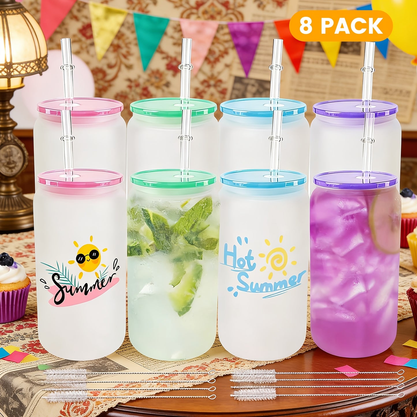 Of 8/12 Frosted Sublimation Glass Cups, 16 Oz Borosilicate Can Tumblers with Acrylic Lids, Suitable for Juice, Soda, And Iced Coffee