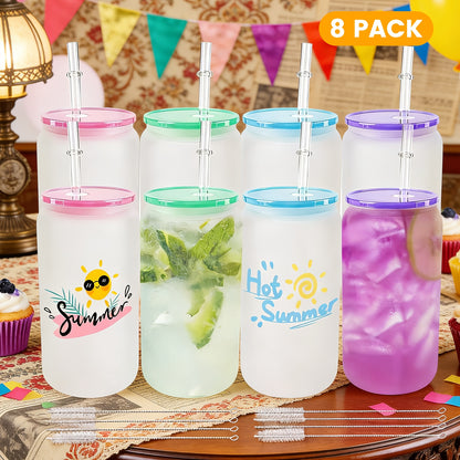 Of 8/12 Frosted Sublimation Glass Cups, 16 Oz Borosilicate Can Tumblers with Acrylic Lids, Suitable for Juice, Soda, And Iced Coffee
