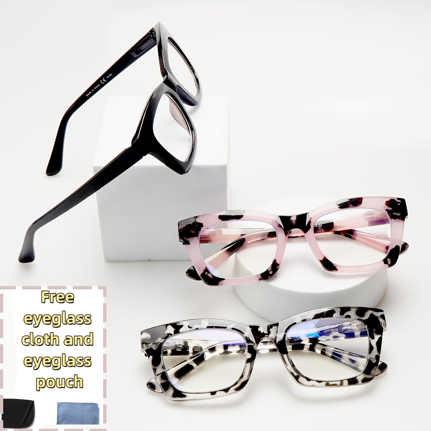 Blue Light Blocking Reading Glasses 3 Pack - Anti Blue Light Computer Readers for Women and Men, Square Spring Hinge Frames with Eyeglass Cloths and Bags, Multiple Magnifications